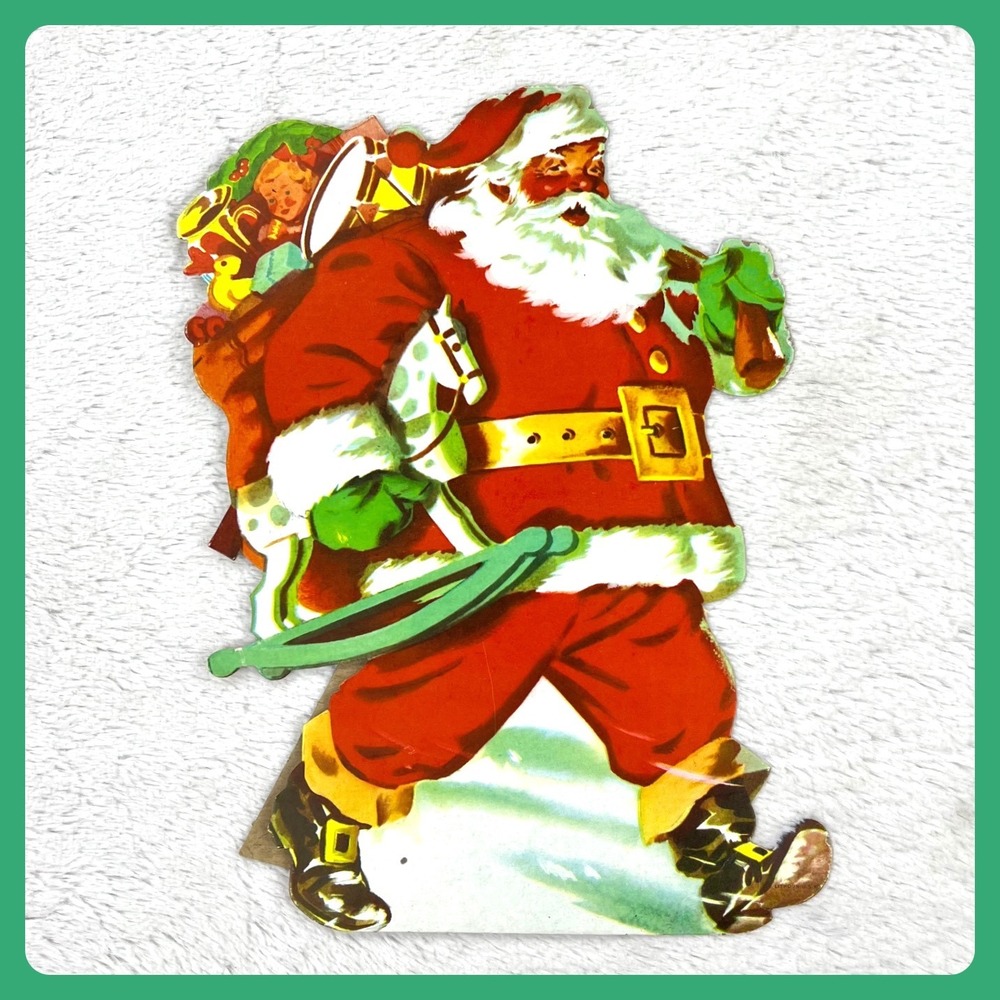 1950s Santa Claus Vintage Cardboard Sign 12" Die Cut Easel Christmas Litho USA